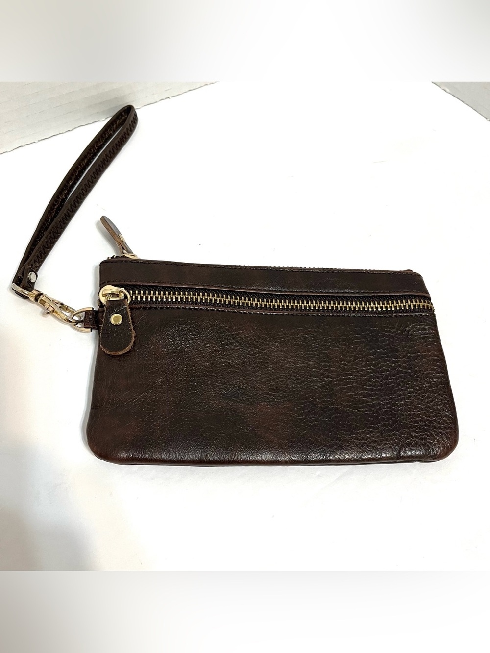 Vintage Unisex Dark Brown Pebbled Leather Wristlet with Brassy Gold Hardware
